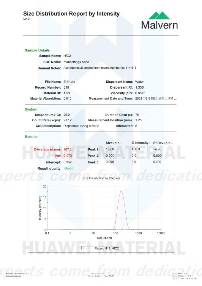 Size distribution reprot of HfO2(D50=167.2nm)2021.06.15_00